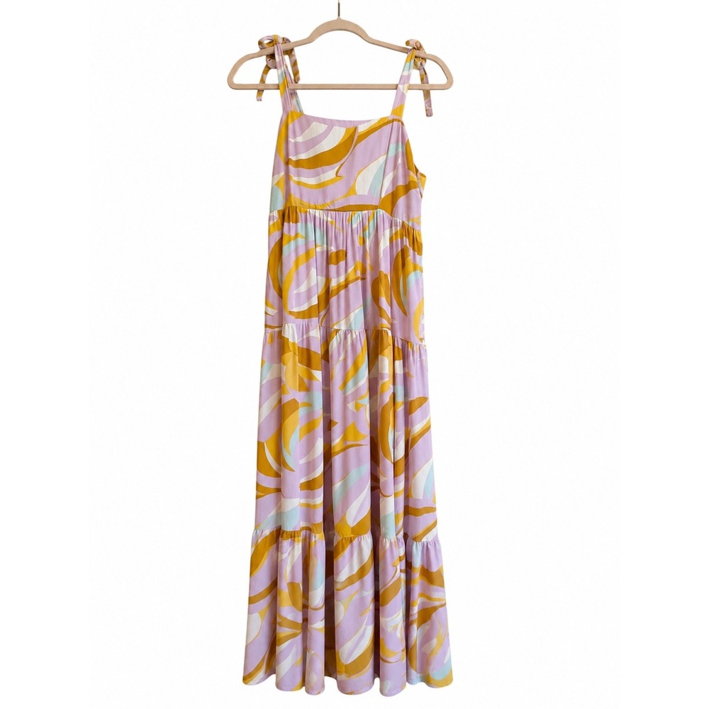 Japna Lilac Abstract Print Tiered Maxi Dress Tie Shoulder Smocked Back Medium